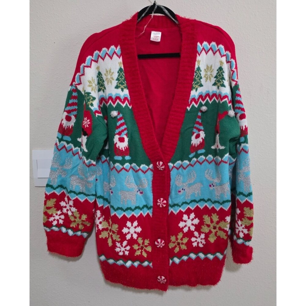 Holiday Time Women's Ugly Christmas Cardigan, Gnomes Multicolor Size XL (16-18)